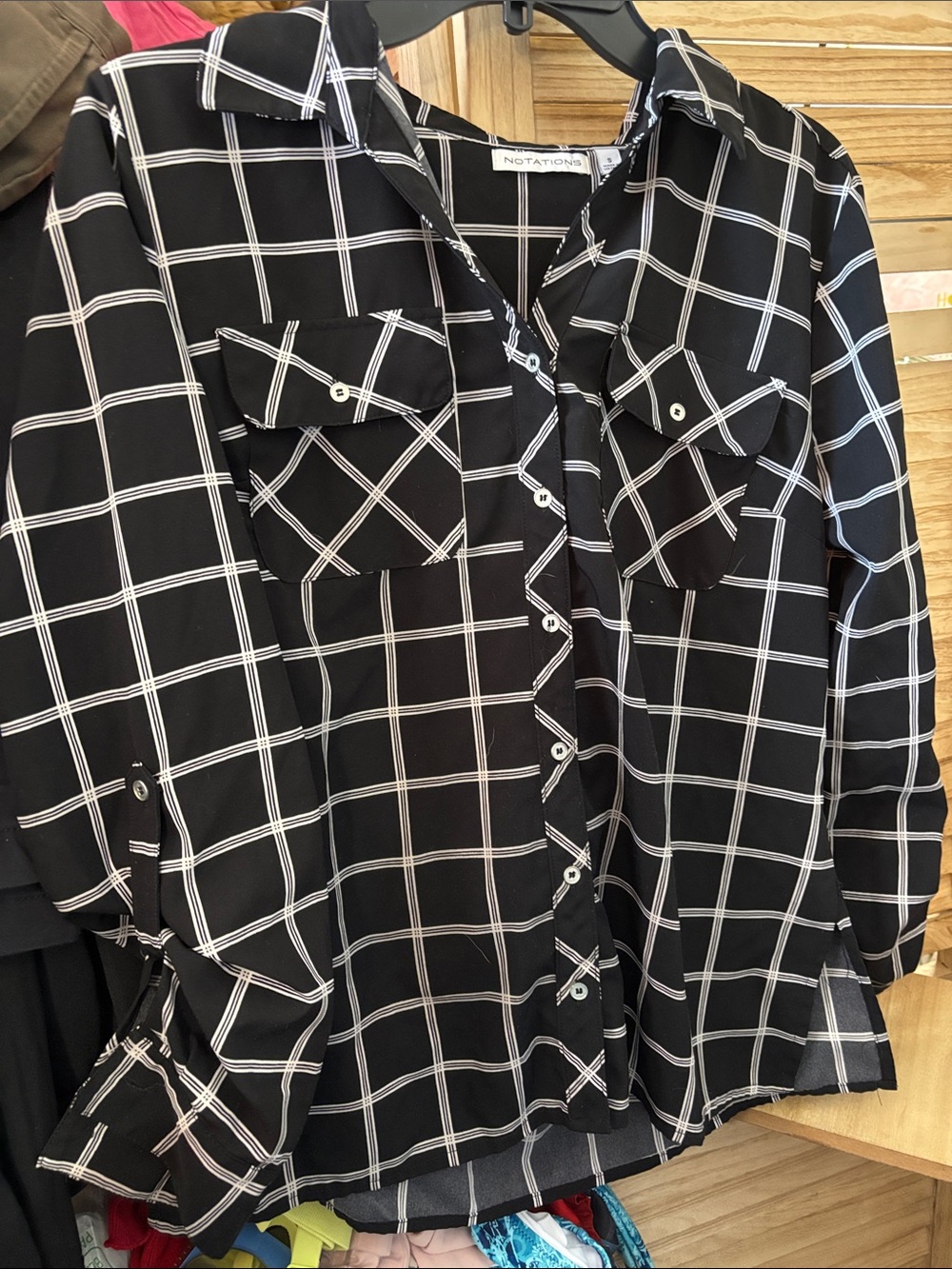 Notations Black and White Windowpane Button-Down Shirt Small